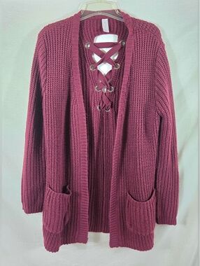 No Boundaries Juniors Burgundy Chunky Knit Open Cardigan Sweater Measures Large